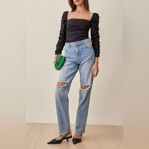 Reformation Joi Rushed Square Neck Long Sleeve Cotton Top